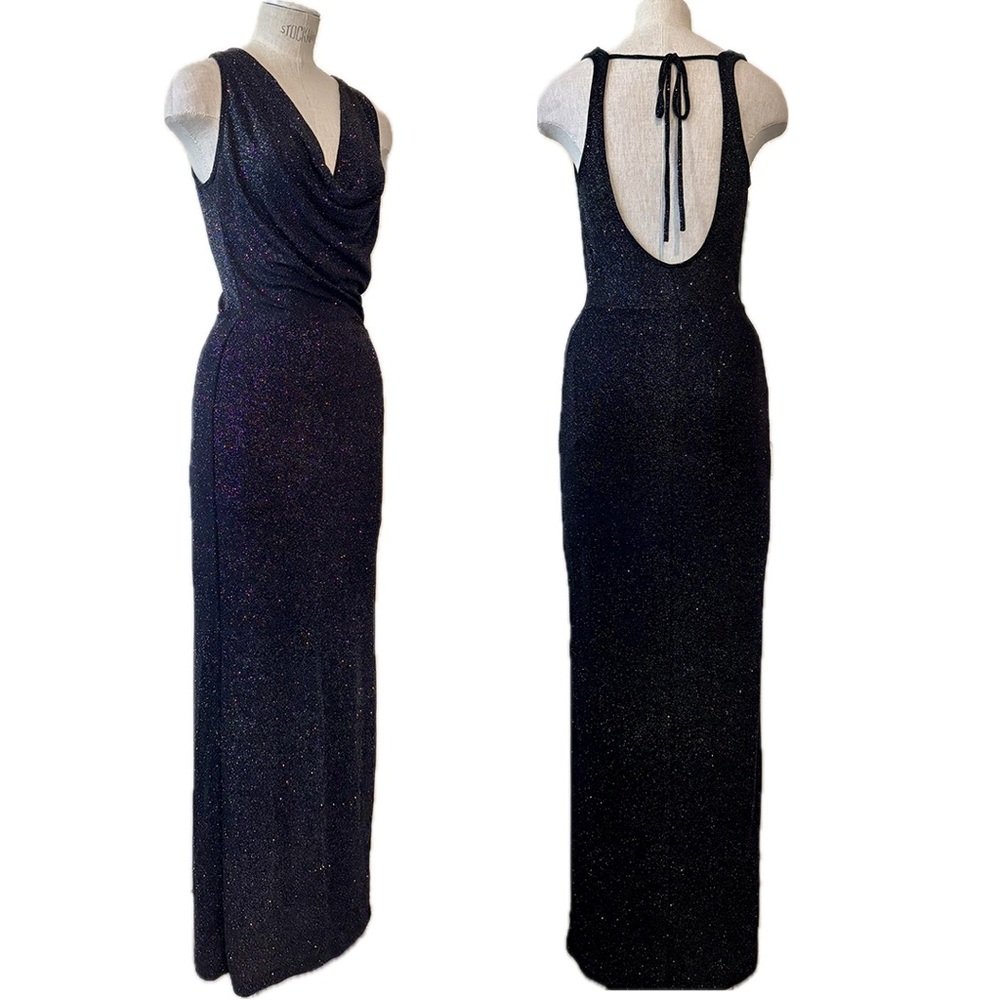 SOLD VTG Y2K Guess Open Back Strappy Gown Maxi Dress  Slit Cowl Neck Sparkle